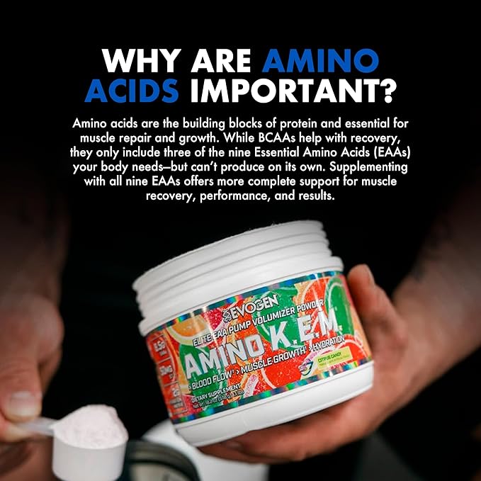 Evogen Amino K.E.M. - EAA & BCAA Powder Pump Volumizer | BCAAs Amino Acids Supplement for Blood Flow, Muscle Growth, & Hydration | Citrus Candy | 30 Servings