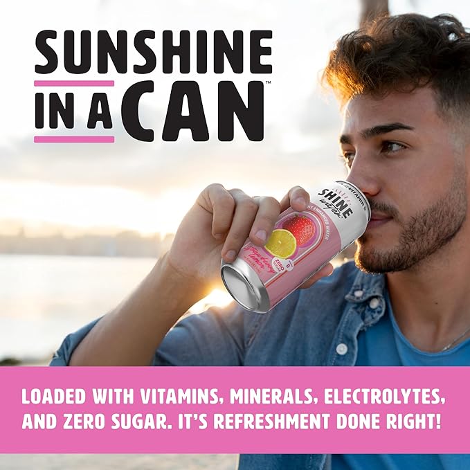 ShineWater Vitamin D Hydration Electrolyte Drink - Flavored water with electrolytes, Sugar-Free, Magnesium, Zinc, Vitamin B12, Plant-Based, Low Calorie - Strawberry Lemon Fruit Water 12 Pack