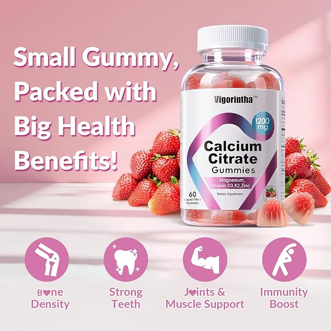 Calcium Citrate Gummies 1200mg with Magnesium,Vitamin D3, K2, Calcium Supplements for Women & Men- Easy to Digest, Vegan, Gluten Free,Sugar Free- Strawberry Flavor, 60 Calcium Gummies