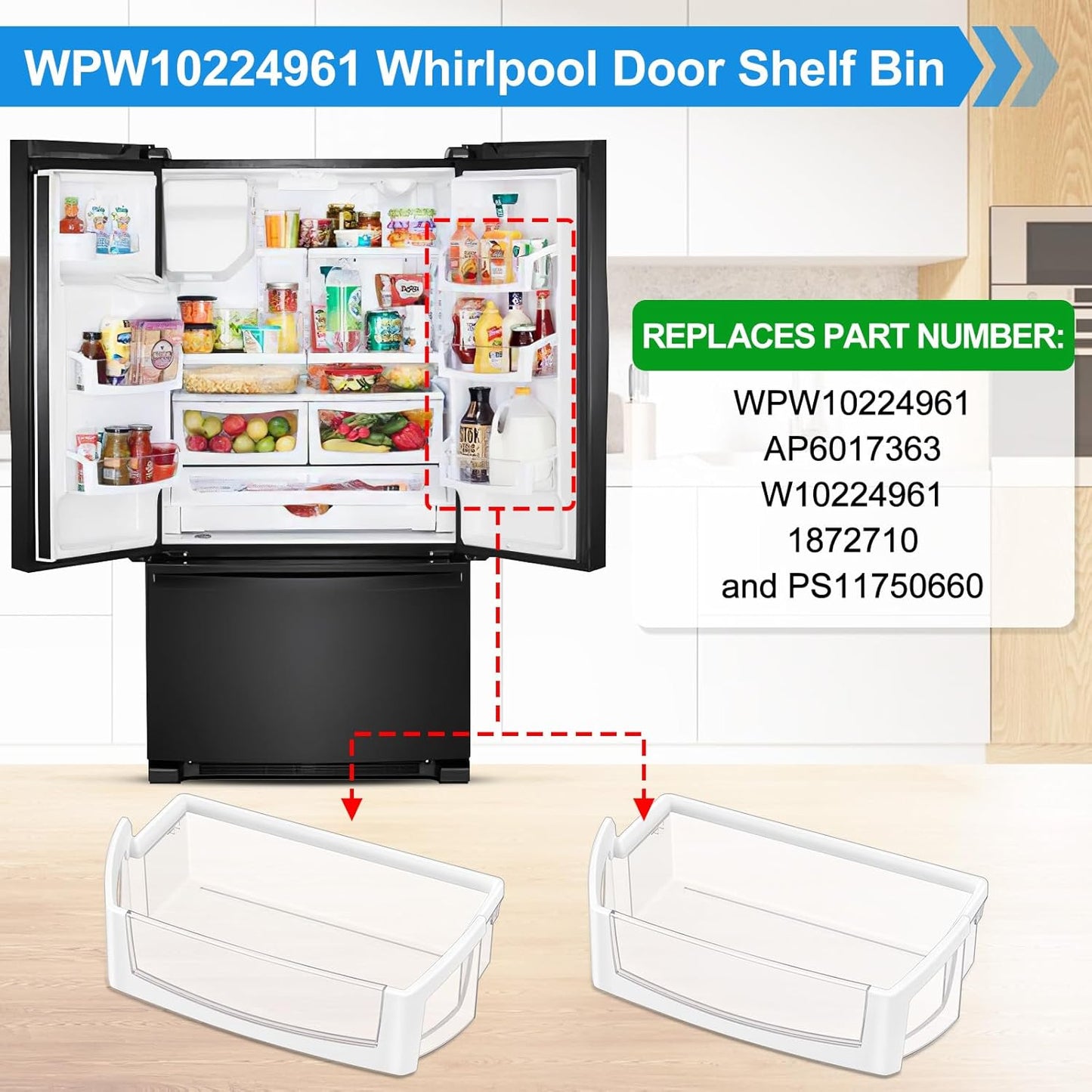 (2 PACK) UPGRADED WPW10224961 Refrigerator Door Bin Shelf Compatible with Whirlpool Refrigerator Door Shelf W10224961 AP6017170,For Whirlpool Replacement Door Shelf Parts WRX735SDBM, WRF555SDH