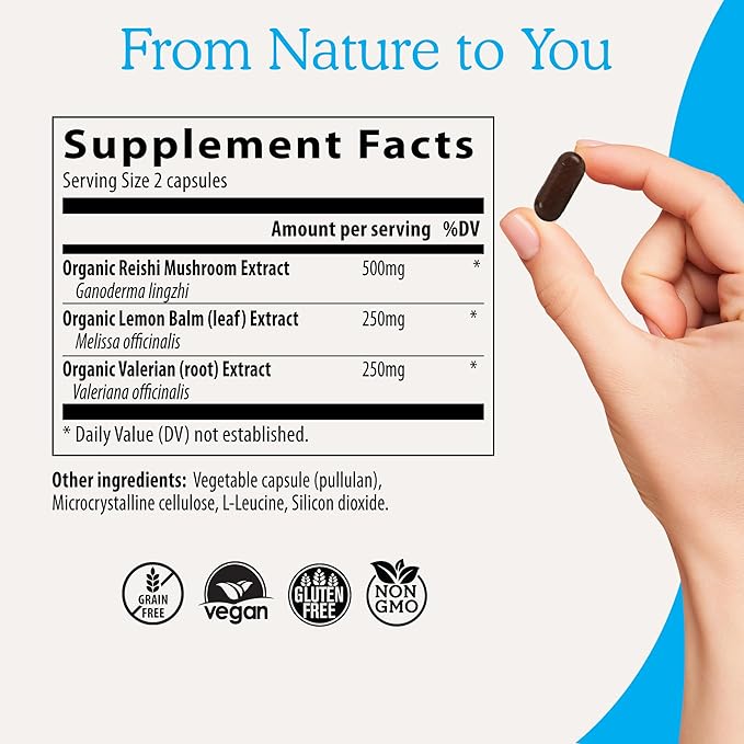 Real Mushrooms RealRest Capsules – Organic Reishi Mushroom and Lemon Balm Extract – Calmness, Mindfulness & Wellness Support – Vegan, Non-GMO, No Fillers – 60 Count Functional Mushroom Supplement