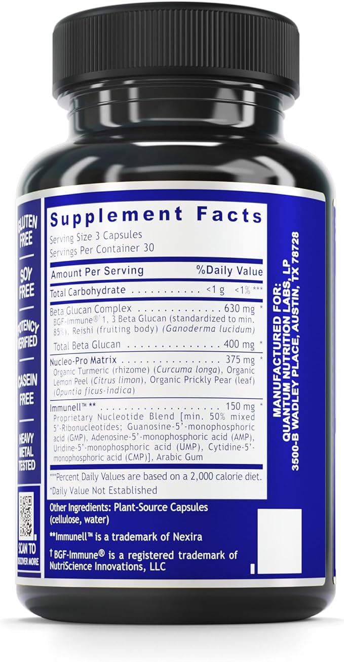 Quantum Nutrition Labs Quantum Nucleotide Complex - Beta Glucan Immune Support Supplement with Yeast Nucleotides & Reishi, 400 mg 1,3 Beta-Glucan Per Serving - 90 Vegetarian Capsules