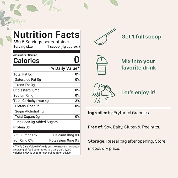Erythritol Granules, 6 Pounds (96 Ounce), 1:1 Sugar Substitute, No After Taste, 0 Calorie, Natural Sweetener, Erythritol Keto Sugar Substitute, Non-GMO, Vegan