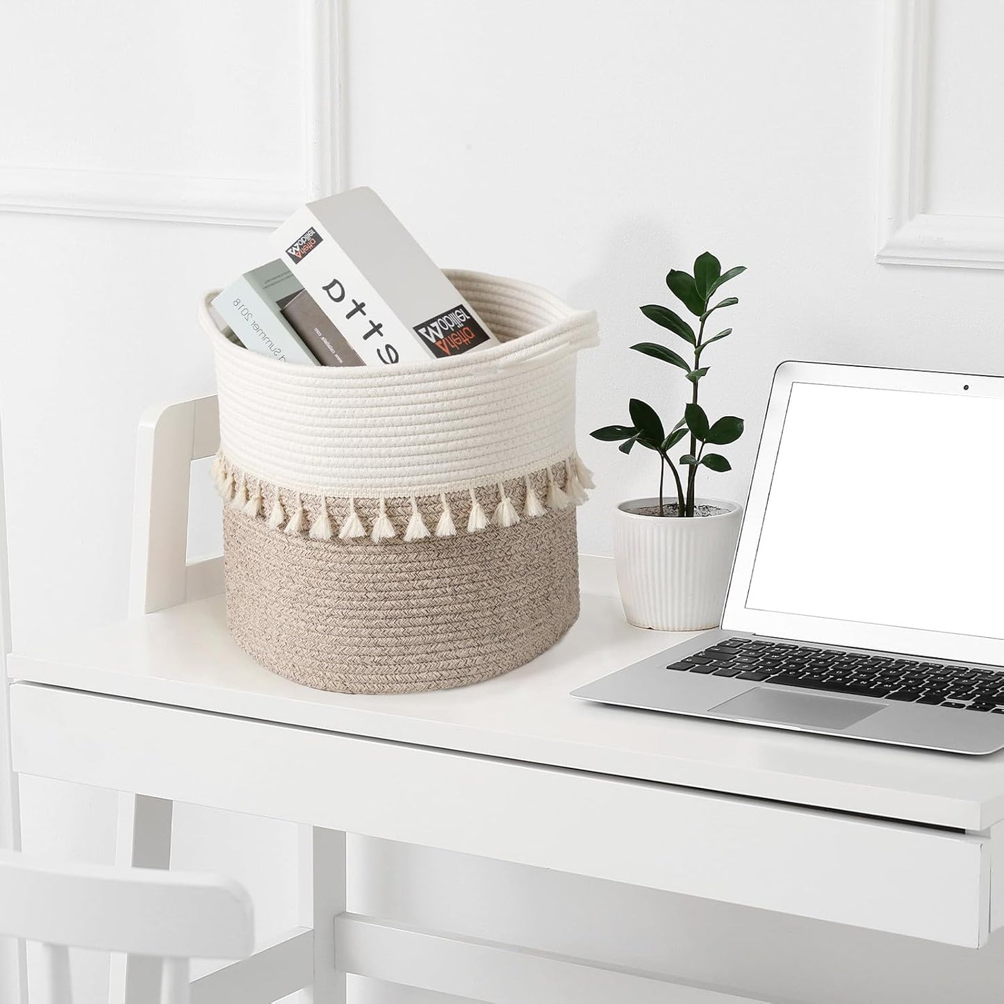 danpinera 11 Inch Storage Baskets Set of 3, Cotton Woven Baskets for Storage with Strong Handles & Stylish Tassel, Storage Bins, Decorative baskets for shelves, Nursery, Laundry, White & Mixed Brown