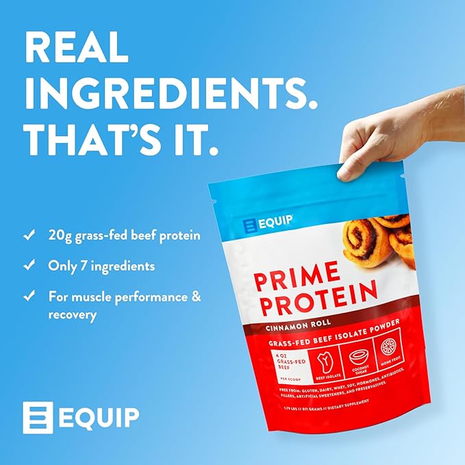 Equip Foods Prime Protein Powder | Clean, Grass Fed Beef Protein Isolate | Carnivore Protein Powder | Paleo, Keto Friendly | Gluten, Dairy Free | 30 Servings, Cinnamon Roll