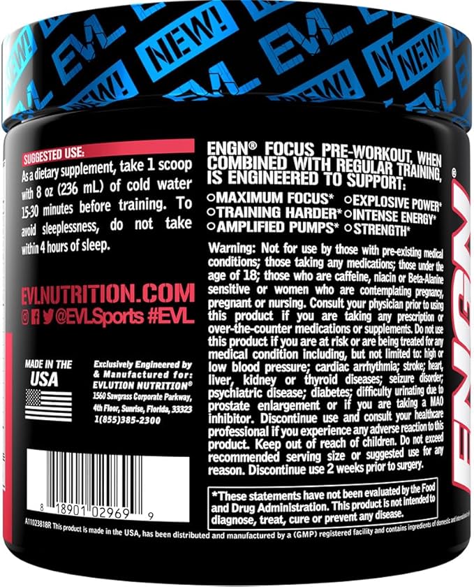 Evlution Nutrition ENGN Focus - Intense Pre-Workout with Creatine - Maximum Focus Formula - Pre-Workout Powder for Lasting Energy - with Beta-Alanine & Caffeine - 30 Servings - Watermelon