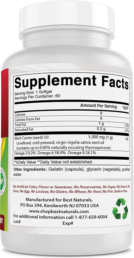 Best Naturals 2 Packs Black Seed Oil Capsules 1000 mg (Non-GMO) Nigella Sativa - 100% Cold Pressed Black Cumin Seed Oil Pills Contains Thymoquinonoe 60 Count (Total 120 Softgels)