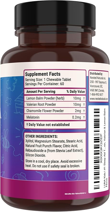 Nested Naturals Luna Kids Sleep Aid Tablets for Children 4+ - Naturally Sourced Ingredients - Gentle, Herbal Supplement with Chamomile, Melatonin, Valerian & Lemon Balm - 120 Chewable Tablets
