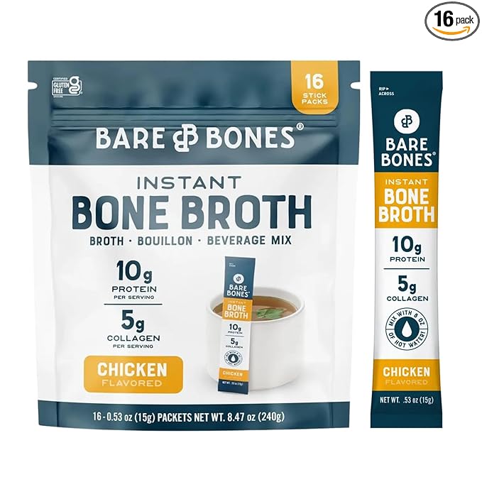 Bare Bones Chicken Bone Broth Instant Powdered Mix | Rich Savory Packets on-the-Go No Artificial Flavors | Keto & Paleo Friendly | 10g Protein | 16 Pack