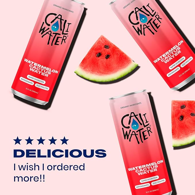 Caliwater - Organic Cactus Water - Watermelon - 5g Sugar, 35 Calories - Half Sugar of Coconut Water - Natural Plant Based Hydration - Skin Care, Electrolyte Drinks - Flavored Water Beverages - 12 Cans