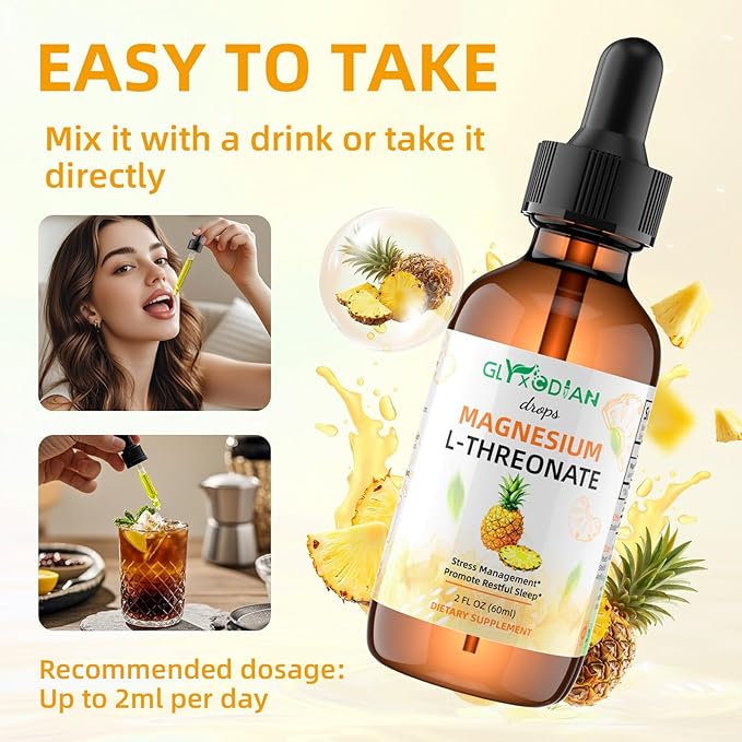 Magnesium L-Threonate Liquid Drops- Magnesium Glycinate Liquid, Support Mood Balance, Muscle, Energy, Sleep, Calm & Nerve, High Absorption, 2 FLOZ, Non-GMO, Suger-Free, Pineapple Flavor