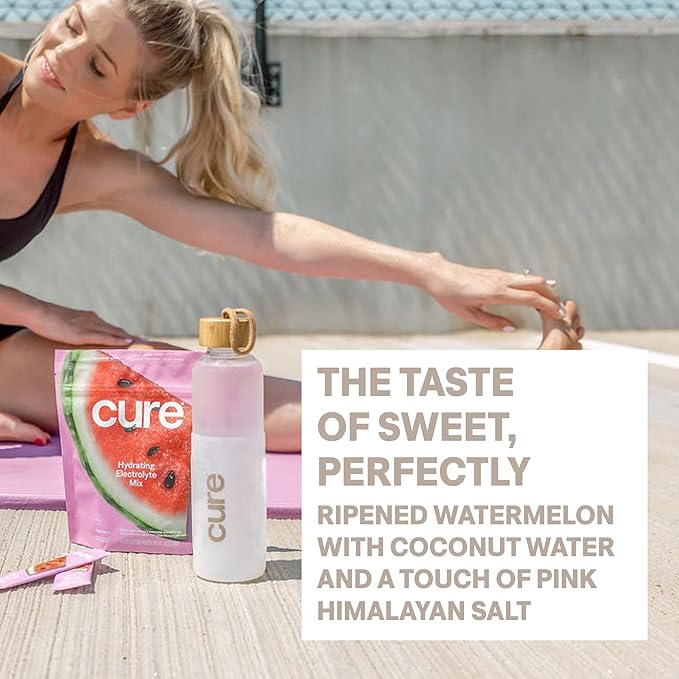 Cure Hydration | Plant-Based Electrolyte Drink Mix | No Added Sugar | Dehydration Relief Powder Made with Coconut Water | Non-GMO | Vegan | Pouch of 14 Packets - Watermelon