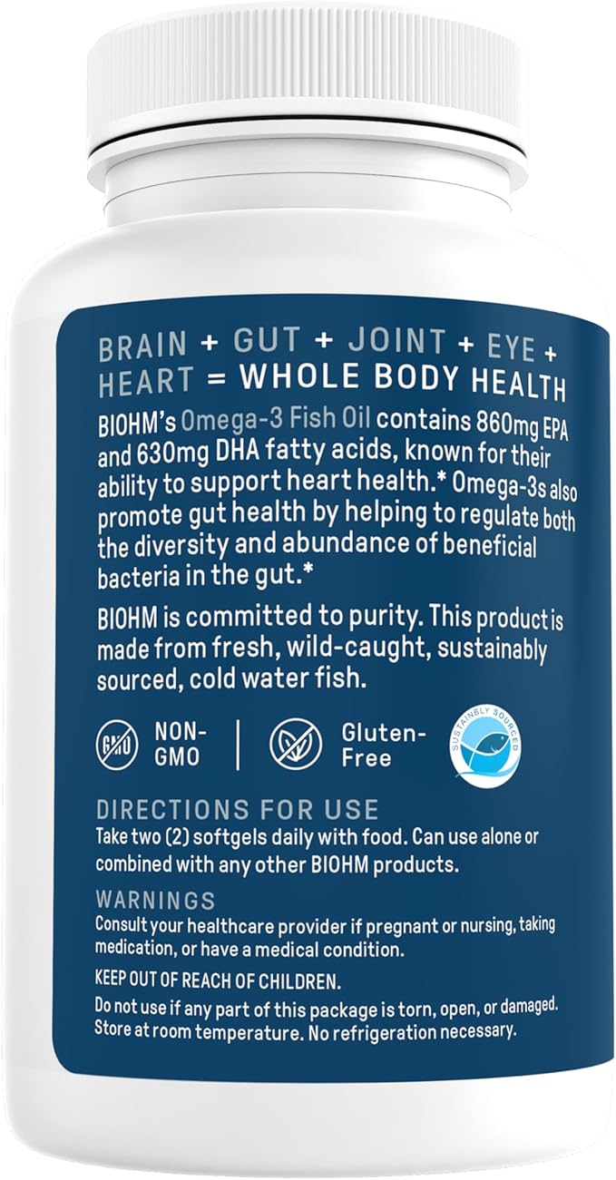 BIOHM Omega-3 Fish Oil (2500mg, 60 Softgels) High Potency 860mg EPA & 630mg DHA, Omega 3 Fatty Acid Supplements to Support Brain, Joint, Eye, Liver & Gut Health, Sustainably Sourced