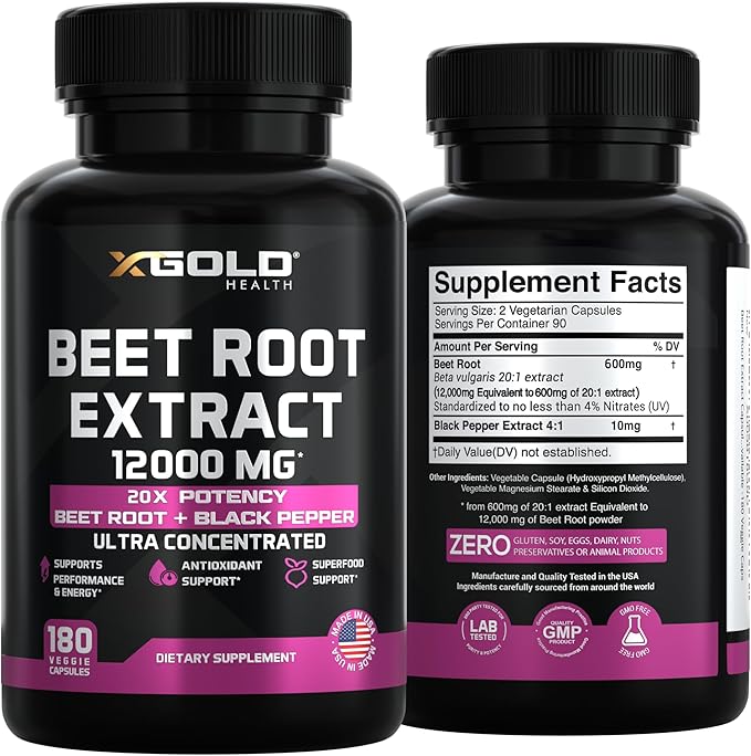 Beet Root Extract Capsules - 12000mg 20x Concentrated Beet Root Capsules Supplement w/Black Pepper - High Nitrates - Natural Nitric Oxide Booster - Highly Concentrated & Bioavailable -180 Veggie Caps