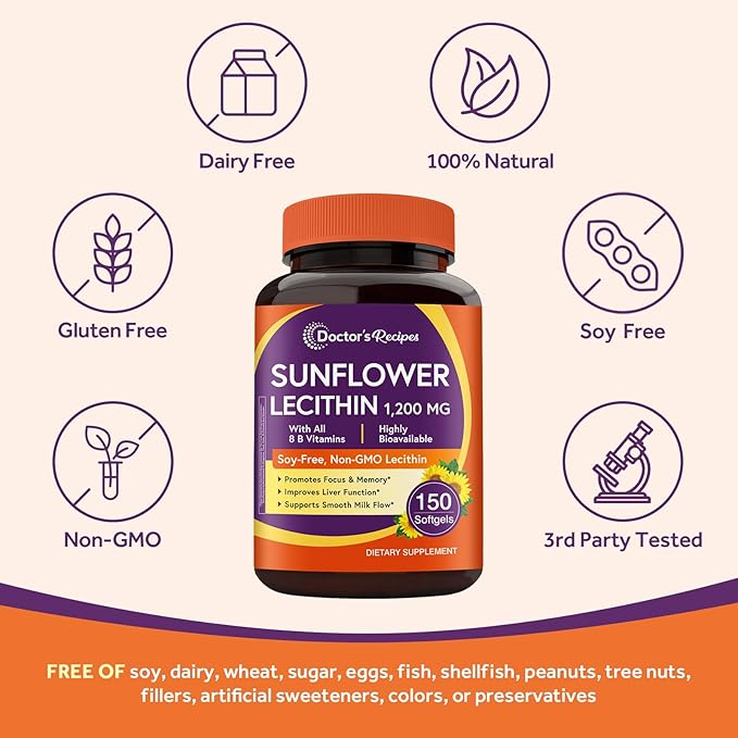 Doctor's Recipes Sunflower Lecithin 1200 mg, for Men & Women, Non-GMO, All 8 B Vitamins with Folate, Methyl B12, B6, Biotin & Inositol, Nerve, Cellular Energy Support, 150 Softgels