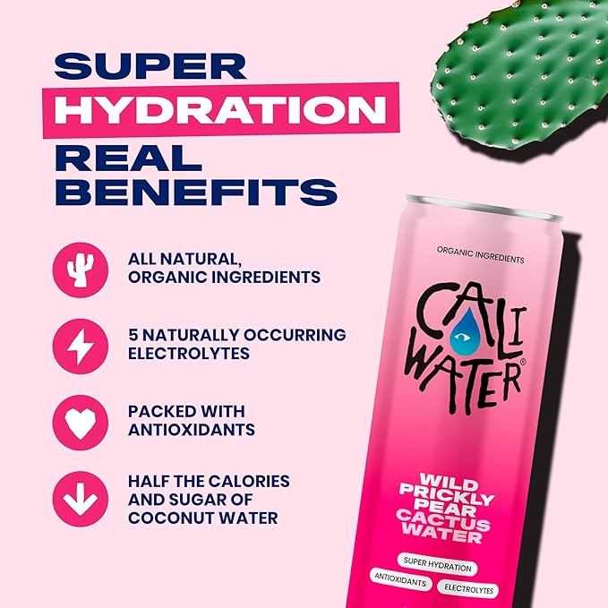 Caliwater - Organic Cactus Water - Wild Prickly Pear - 5g Sugar, 25 Calories - Coconut Water Alternative - Natural Plant Based Hydration - Skin Care, Electrolyte Drinks - Flavored Water - 12 Cans
