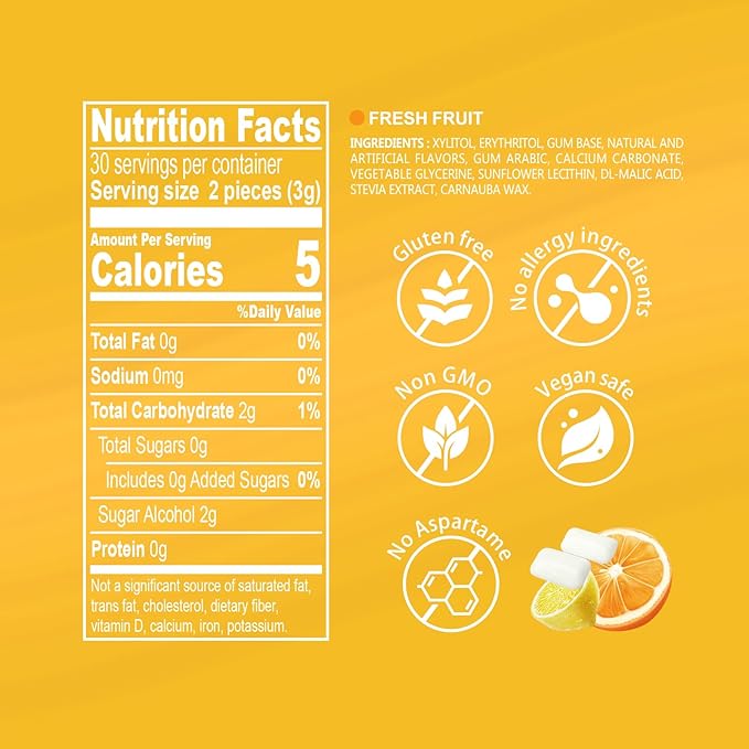 DC24 DAILY CARE Xylitol Chewing Gum with Erythritol, Aspartame Free & Sugar Free Gum for Dry Mouth, Low-Calorie, Sugarless, Fresh Fruit, 60 Pieces (Pack of 1)