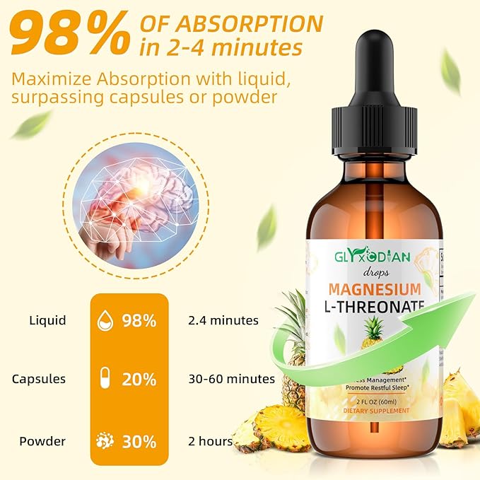 Magnesium L-Threonate Liquid Drops- Magnesium Glycinate Liquid, Support Mood Balance, Muscle, Energy, Sleep, Calm & Nerve, High Absorption, 2 FLOZ, Non-GMO, Suger-Free, Pineapple Flavor