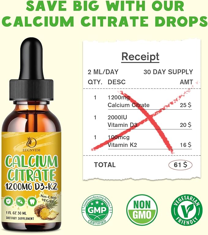 Calcium Citrate 1200 mg with Vitamin D3 Liquid Drops for Women & Men, Calcium Citrate with Vitamin D3 & K2 for Bone Muscle & Teeth- 2 Fl oz- 30 Day Vegan Supply