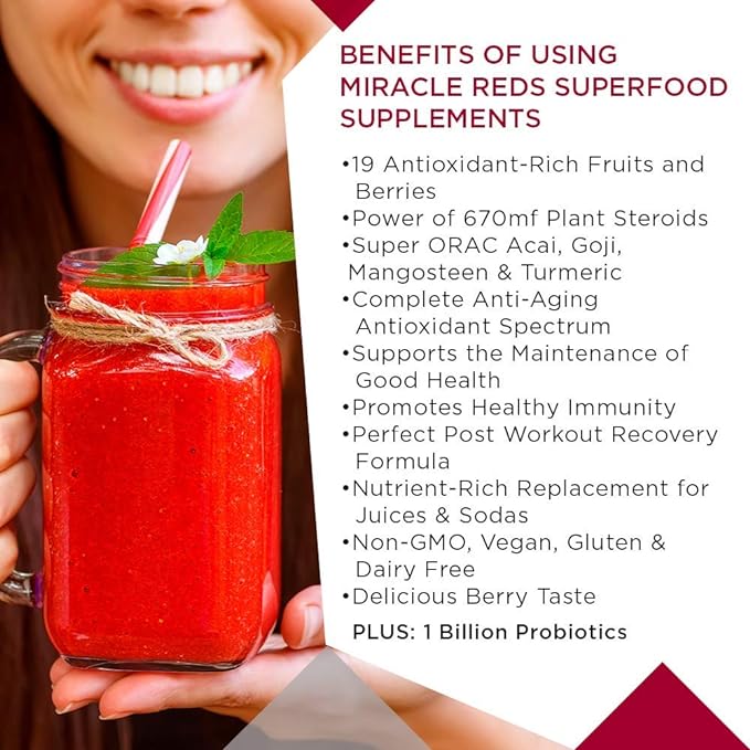 MacroLife Naturals Miracle Reds Superfood Supplement Powder Antioxidants Polyphenols Enzymes Probiotics - Raw Non-GMO Organic Vegan Gluten & Dairy Free - 30oz (90 Servings) 30oz