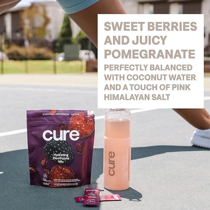 Cure Hydration | Plant-Based Electrolyte Drink Mix | No Added Sugar | Dehydration Relief Powder Made with Coconut Water | Non-GMO | Vegan | Pouch of 14 Packets - Berry Pomegranate