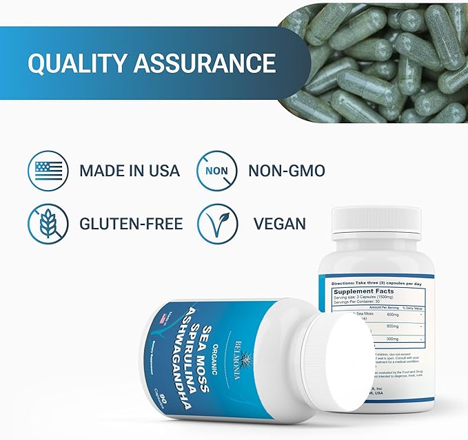Sea Moss with Spirulina and Ashwagandha Blend Capsules, Mood, Immune Support & Stress Relief, Micro Ingredients & Antioxidants Source ā Non-GMO, Vegan Superfood Supplement, 90 Count