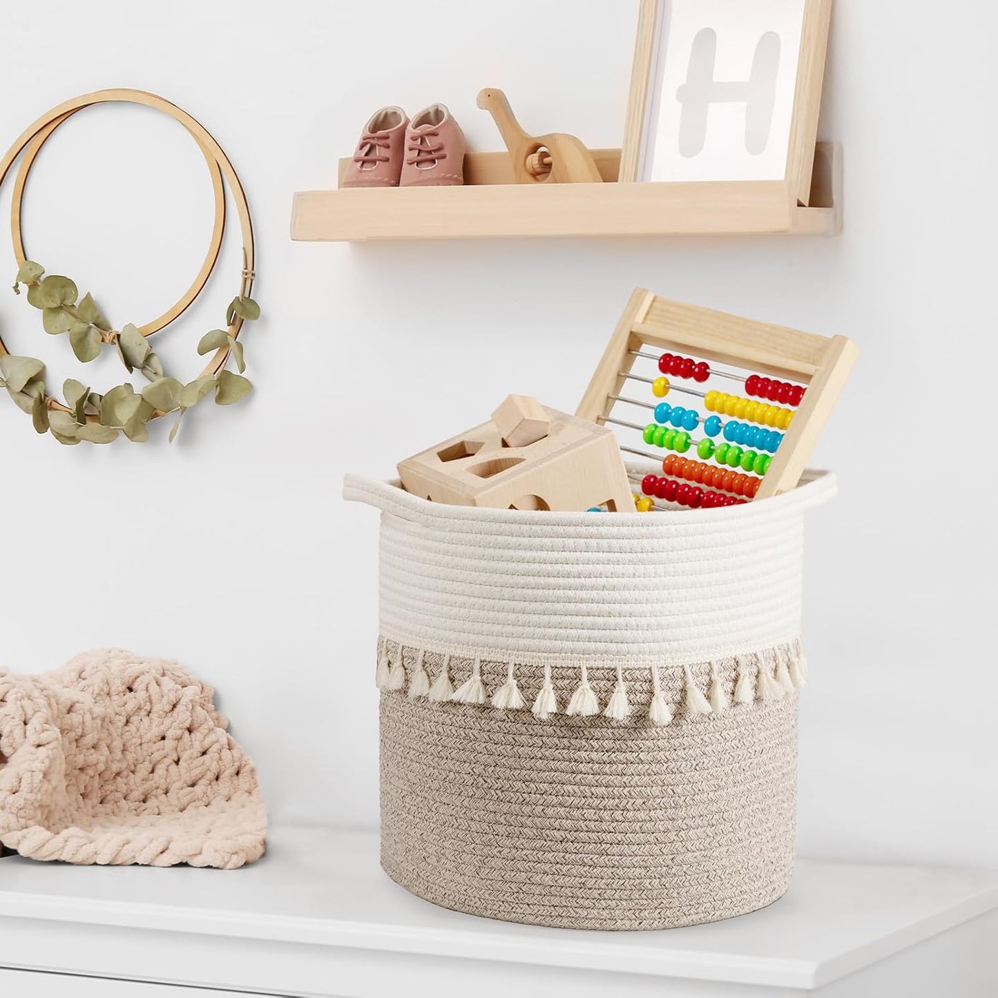 danpinera Storage Baskets, 13"x13" Woven Baskets for Storage, 3 Pack Soft Round Storage Bins for Storage Pillows, Towels, Clothes, White & Mixed Brown