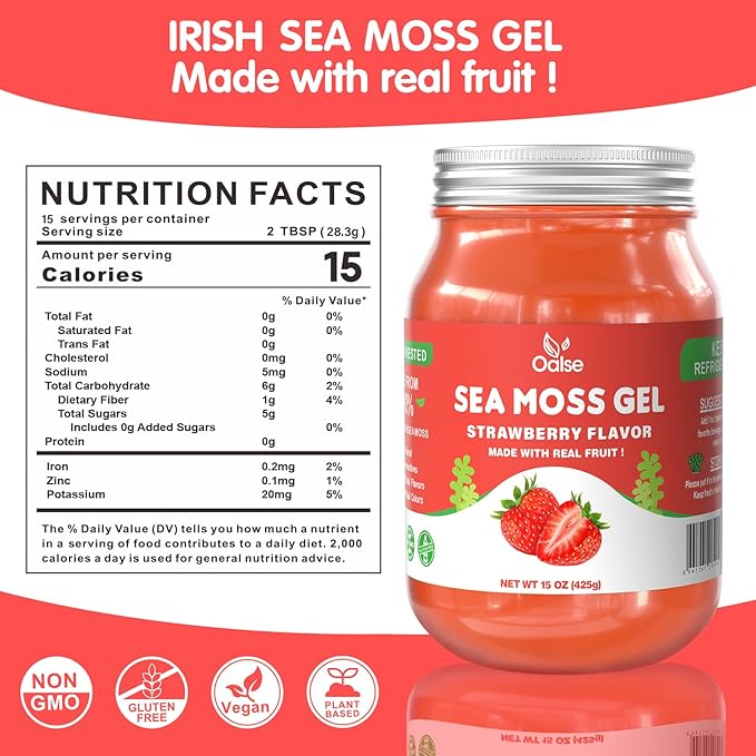 15 OZ Sea Moss Gel- Natural Wildcrafted Irish Seamoss Gel with 92 Minerals and Vitamins - Non-GMO, Gluten-Free, Vegan - Immune Defense Thyroid Digestive Support (Strawberry)