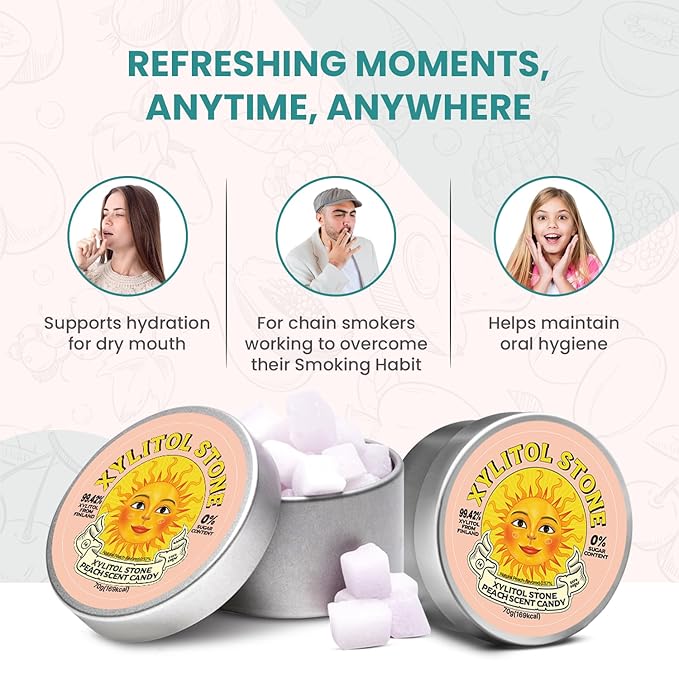 Xylitol Stone Sugar Free Candy - Vegan & Keto Friendly Unique Hard Candy - 100% Natural Flavor Candies - Gluten Free & Non-GMO Breath Freshener Low Calorie Mints - Peach (Pack of 2)