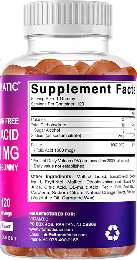 Vitamatic Folic Acid Gummies 1000 mcg (1 mg) - an Essential Prenatal Vitamins for Mom & Baby - Vitamin B9-120 Vegan Gummies (1)