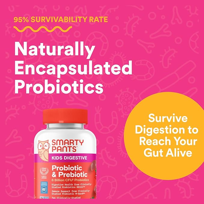 SmartyPants Kids Probiotic & Prebiotic Gummies for Digestive Health: Gut Health Supplement, Clinically Studied Prebiotic for Immune Support, Strawberry, 60 Count (30 Day Supply)