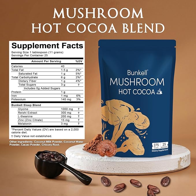 Bunkell Mushroom Hot Cocoa, Adaptogenic Mushroom with Reishi, L-Theanine, Chicory, Melatonin & Glycine, Melatonin, Sleep Hot Cocoa Supplement for Sleep and Stress Support, 25 Servings 1 Pack