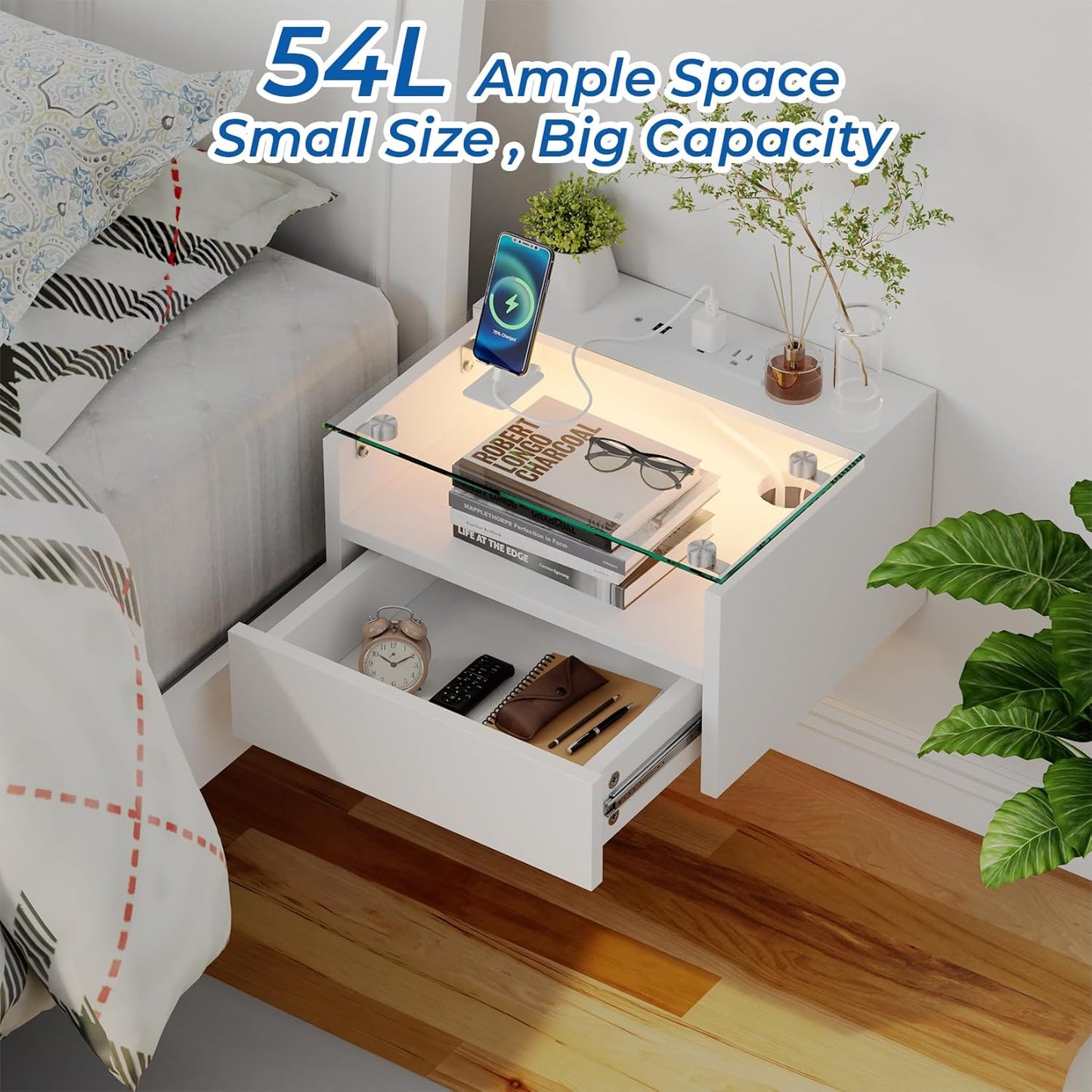 Loomie White Floating Nightstands Set of 2, 18.9” Bedside Table w/Charging Station and LED Light, Floating Shelf with Drawer, Wall Mounted Night Stand for Bedroom, Entryway Wall.