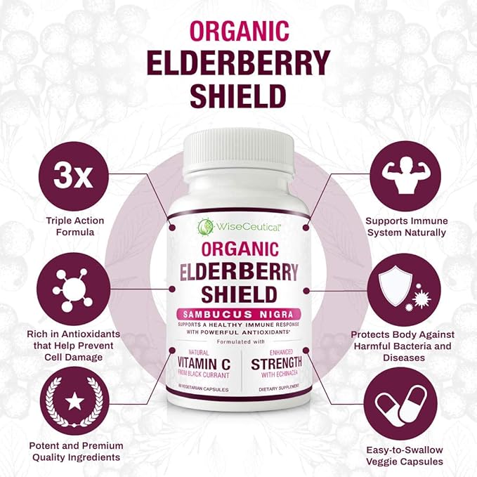 Max Strength USDA Organic Black Elderberry, Black Currant Extract & Echinacea | 3 in 1 Natural Immune Support & Vitamin C | Sugar-Free, Vegan-Friendly | Homeopathic Remedy | 60 Count