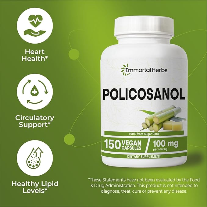 Policosanol 100mg Capsules, Derived from Sugar Cane, 150 Pills, Non-GMO and Gluten-Free Policosanol Supplement for Women and Men