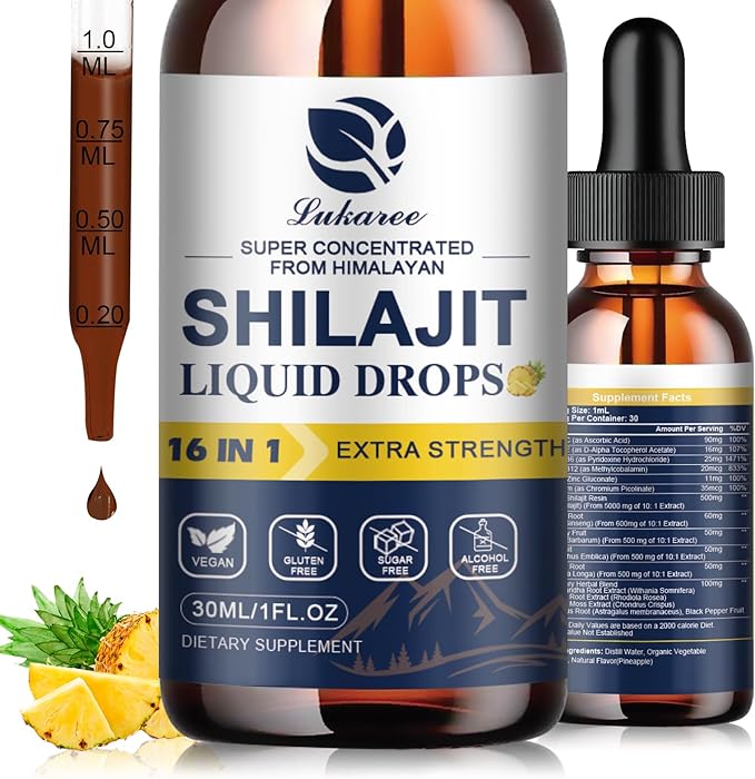 16 in 1 Shilajit Resin Liquid Drop, Shilajit W/Ginseng, Turmeric, Rhodiola, Wolfberry, Amla & Vitamins, Shilajit Supplement for Men & Women with 85+ Trace Minerals & Fulvic Acid, 1 Fl Oz