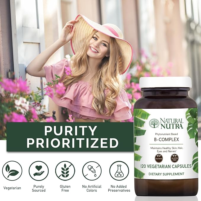 Natural Nutra Vitamin B Complex with Niacin, Folate, Thiamin, Biotin, Supports Nervous System Health, Promotes Metabolism, Skin, Eyes and Hair Health, Whole Food Supplement, 120 Vegetarian Capsules