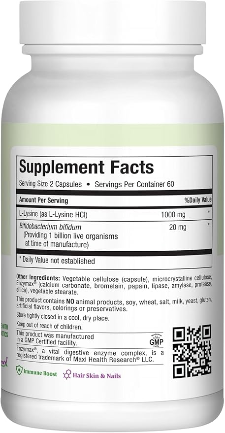 Maxi Health Lysine Complex with Probiotics - L-Lysine 1000mg for Protein Synthesis Canker Sores, and Skin – 60 Capsules