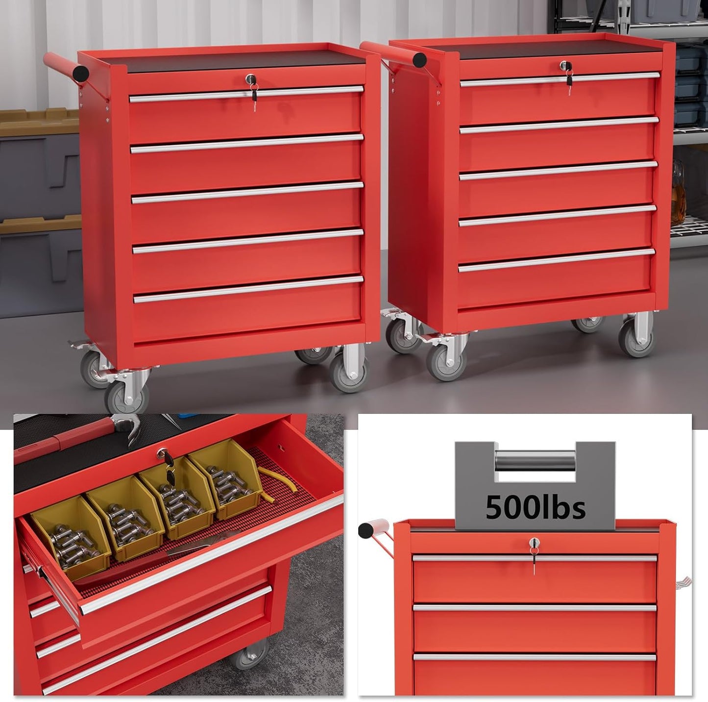 5-Drawer Tool Chest,Rolling Tool Cart with Wheels,High Capacity Tool Cabinet with Locking System for Garage, Warehouse, Workshop-Red