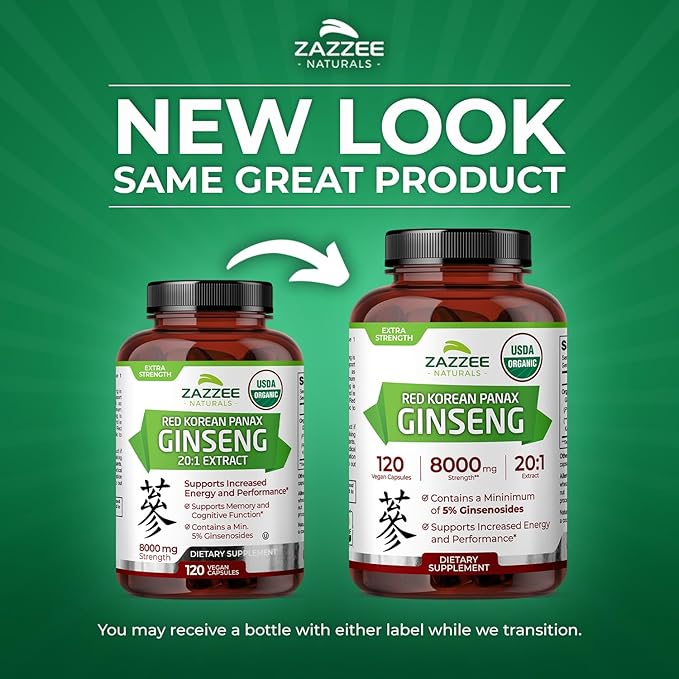 Zazzee USDA Organic Red Korean Panax Ginseng 20:1 Extract, 1000 mg, 5% Ginsenosides, 120 Vegan Capsules, Standardized and Concentrated 20X Root Extract, 100% Vegetarian, All-Natural, Made in The USA