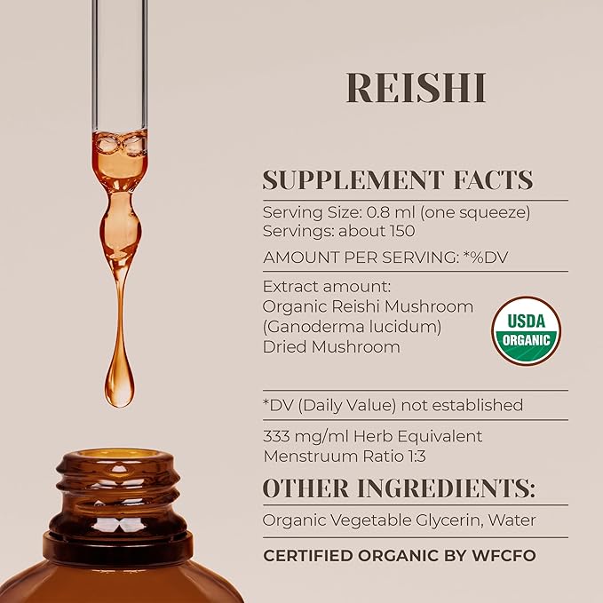 Reishi USDA Organic Alcohol-Free Extract | Dietary Supplement, High-Potency Tincture | Natural Certified Organic Reishi Mushroom (Ganoderma Lucidum) (4 oz)