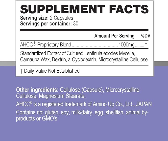 AHCC Supplement - Maximum Strength - Natural Immune Support Extract - Maintains Natural Killer Cell Activity - 20+ Human Research Studies - 60 Veggie Capsules (1 Pack)