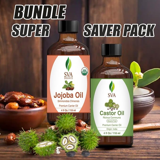 SVA Castor Oil 4oz & Jojoba Oil 4oz Bundle Super Saver Combo – Premium Grade Bundle Set for Hair Oiling, Scalp Massage, Hair Care, Face, Skin Care and Body Massage