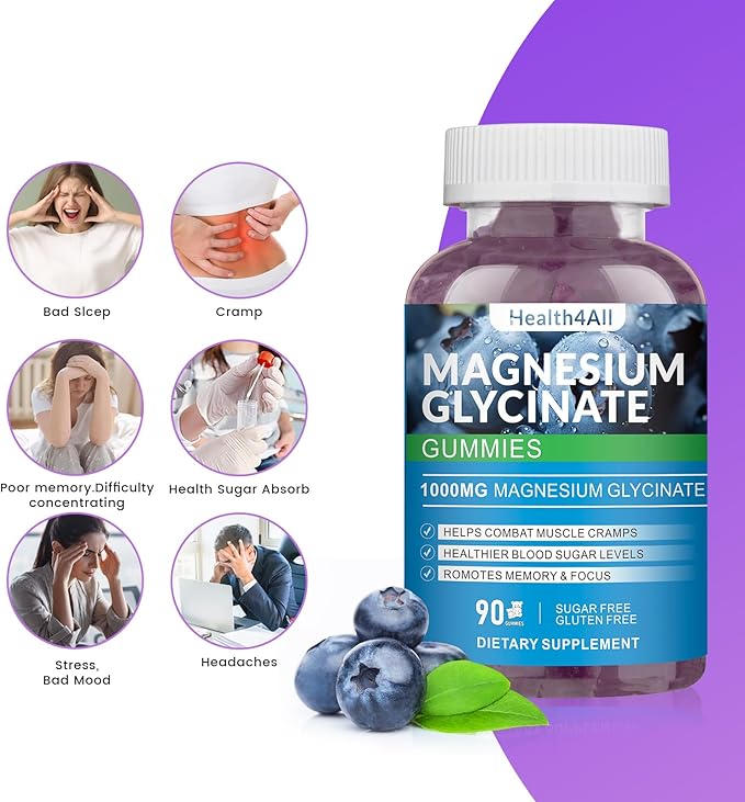 Magnesium Glycinate Gummies 1000mg, High Absorption Sugar Free Magnesium Potassium Supplement for Relaxation, Stress Relief, and Sleep Support for Adults & Kids (Blueberry)