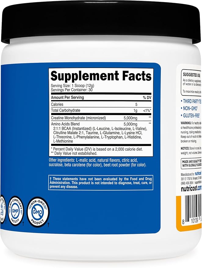 Nutricost Creatine + Aminos 30 Servings (Peach Mango Flavored) - 5,000mg Creatine Monohydrate + 5000mg Amino BCAA Blend Per Serving