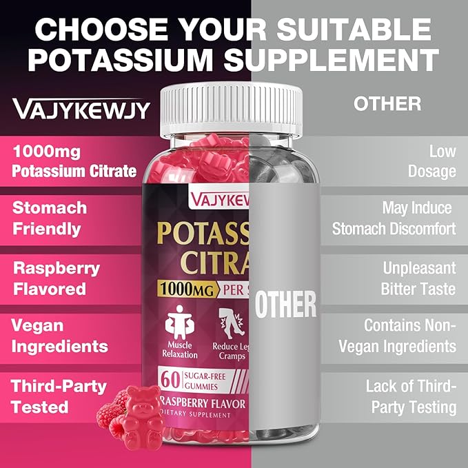 Potassium Citrate Gummies, High Potassium Supplement (1000mg), Supports Leg Cramps & Muscle Health, Suitable for Adults & Kids, Vegan, Non-GMO, 60-Count