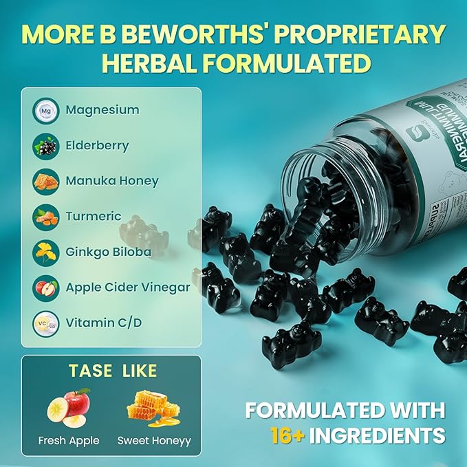 Sea Moss Black Seed Oil Ashwagandha Gummies, Irish Sea Moss Multimineral Supplement with Turmeric, Magnesium, Chlorophyll, Elderberry, Manuka Honey, Bladderwrack, Burdock Root, Vegan
