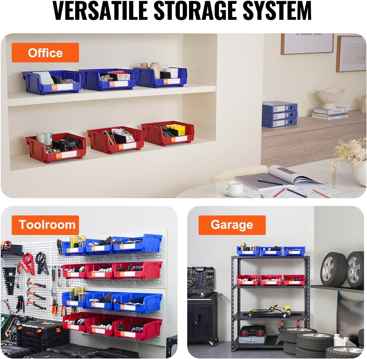 VEVOR Plastic Stackable Storage Bins 6 Pack (11 x 11 x 5-Inch), Hanging Storage Organizer Bins, Heavy Duty Stacking Containers for Closet, Garage, Office, Home, Pantry or Small Parts Organization