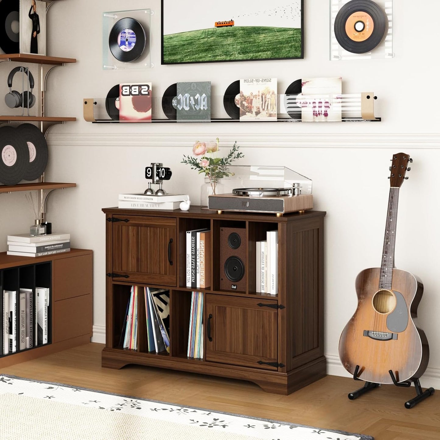 Large Record Player Stand with Vinyl Storage - 39.5" Turntable Stand Farmhouse Wood Storage Cabinet with Magnetic Doors, Stereo Media Shelf for Living Room, Office, Walnut