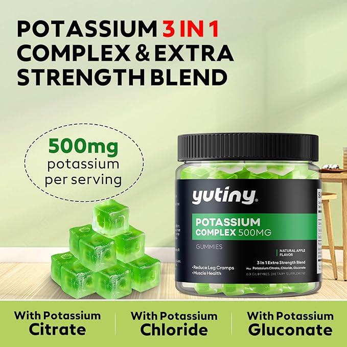 Potassium Supplement 500mg 3 in 1 Complex Gummies, Chewables with Potassium Citrate Chloride Gluconate, Extra Strength Blend, 60 Count